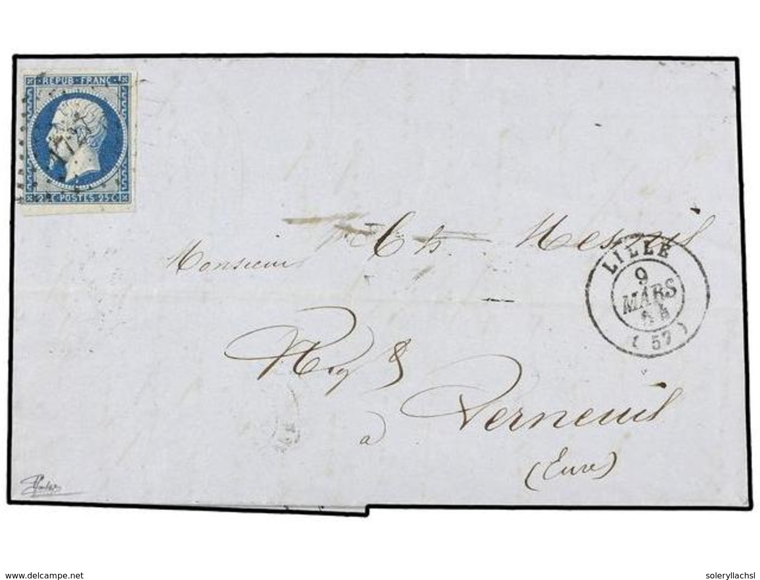 1693 FRANCIA. Yv.10. 1854. LILLE A VERMEUIL.<B> 25 Cts.</B> Azul Grandes Márgenes. F. GOEBEL. - Other & Unclassified