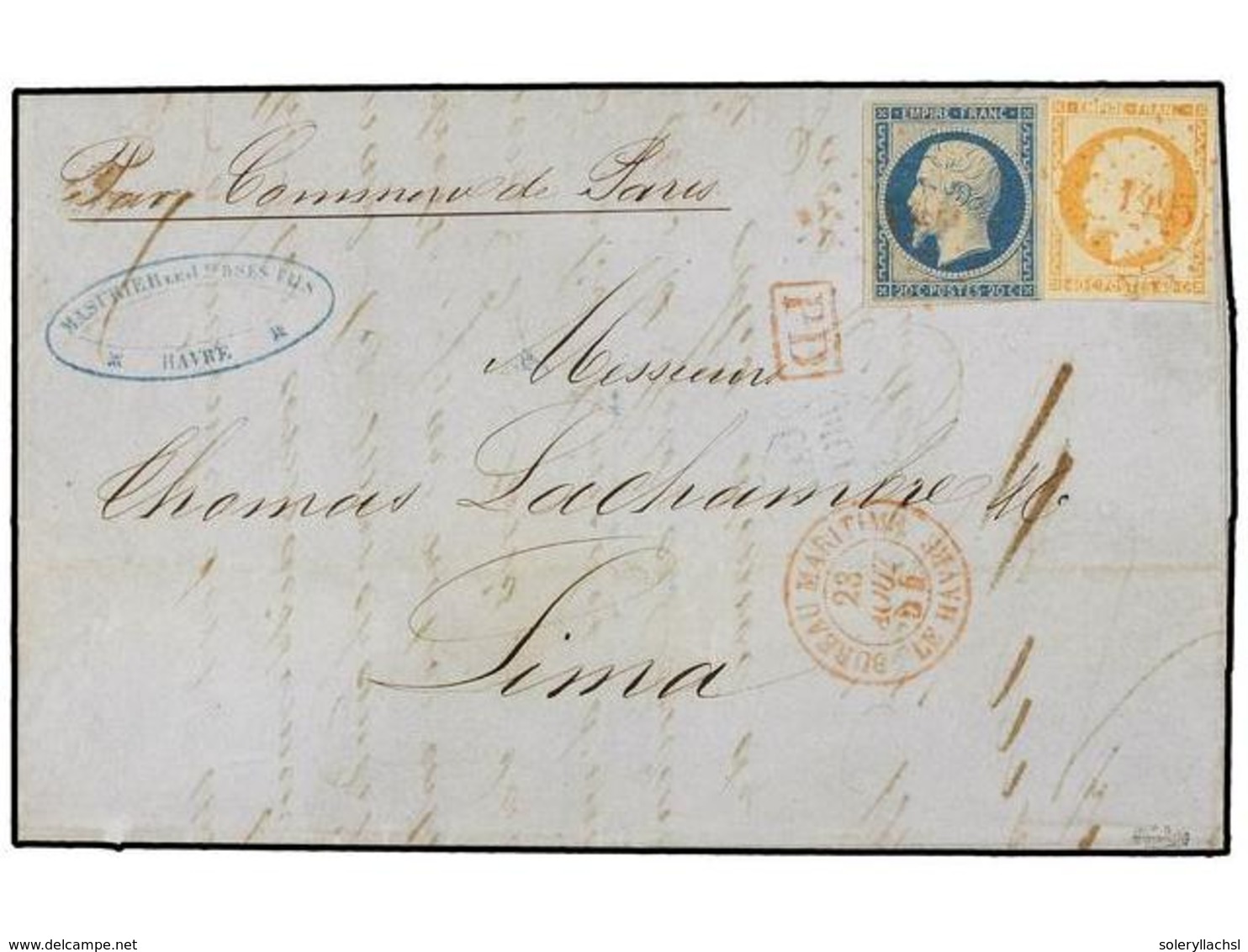 1696 FRANCIA. 1854 (23 Agosto). HAVRE A LIMA. <B>20 Cts.</B> Azul Y <B>40 Cts.</B> Naranja Mat.<B> ROMBO DE PUNTOS 1495  - Other & Unclassified