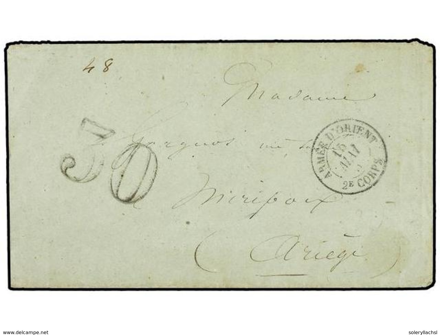 1701 FRANCIA. 1855 (May 15). <B>CRIMEAN WAR</B>. Cover Sent Stampless To FRANCE Struck With <B>ARMEE D'ORIENT-2e CORPS</ - Sonstige & Ohne Zuordnung