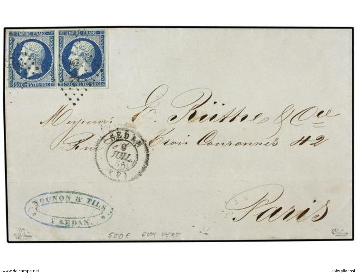 1704 FRANCIA. Yv.14d (2). 1855. SEDAN A PARÍS. <B>20 Cts.</B> Azul S. Verde, Dos Sellos. MAGNÍFICA. F. CALVES Y BRUN. - Sonstige & Ohne Zuordnung