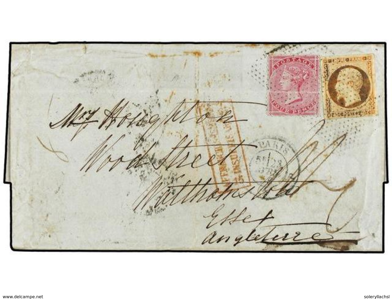 1710 FRANCIA. 1856 (April 23). Cover To Walthamstow Franked By Both Great Britain 1856 <B>4d</B>. Carmine Rose And Franc - Other & Unclassified