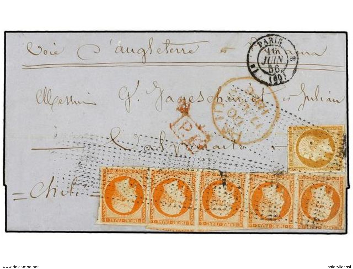 1712 FRANCIA. Yv.13, 16 (5). 1856. PARÍS A VALPARAISO (Chile).<B> 10 Cts.</B> Bistre Y <B>40 Cts.</B> Naranja (tira De C - Other & Unclassified