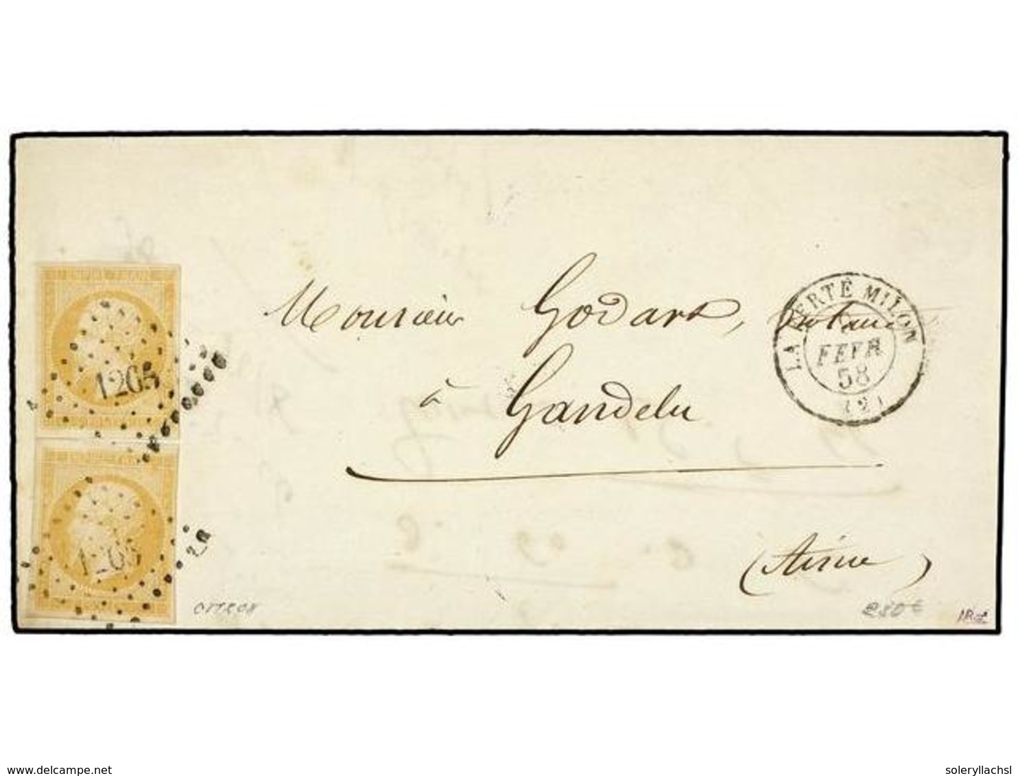 1717 FRANCIA. Yv.13a (12). 1858. LA FERTE MILON A GANDELU. <B>10 Cts.</B> 'jaune Citron' (2), Mat. <B>CIFRAS PEQUEÑAS '1 - Sonstige & Ohne Zuordnung