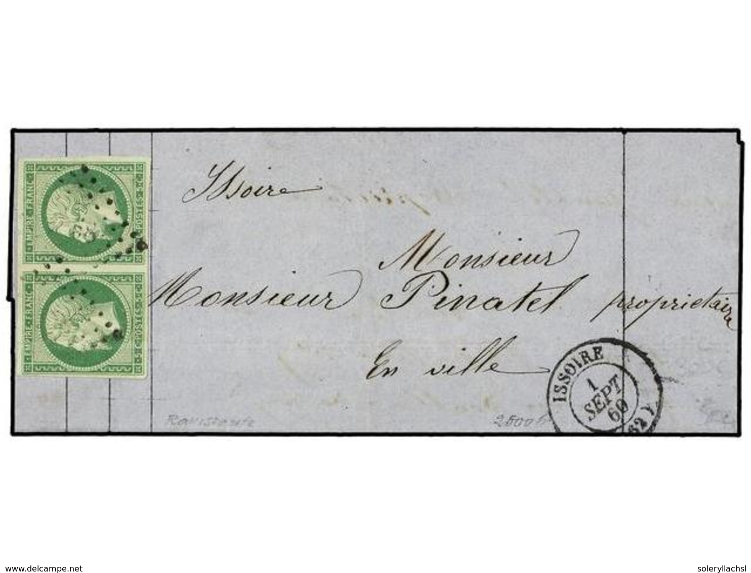 1730 FRANCIA. Yv.12 (2). 1860. ISSOIRE. <B>5 Cts.</B> Verde Pareja, Leve Pliegue De Archivo. Excelente Presencia. - Other & Unclassified