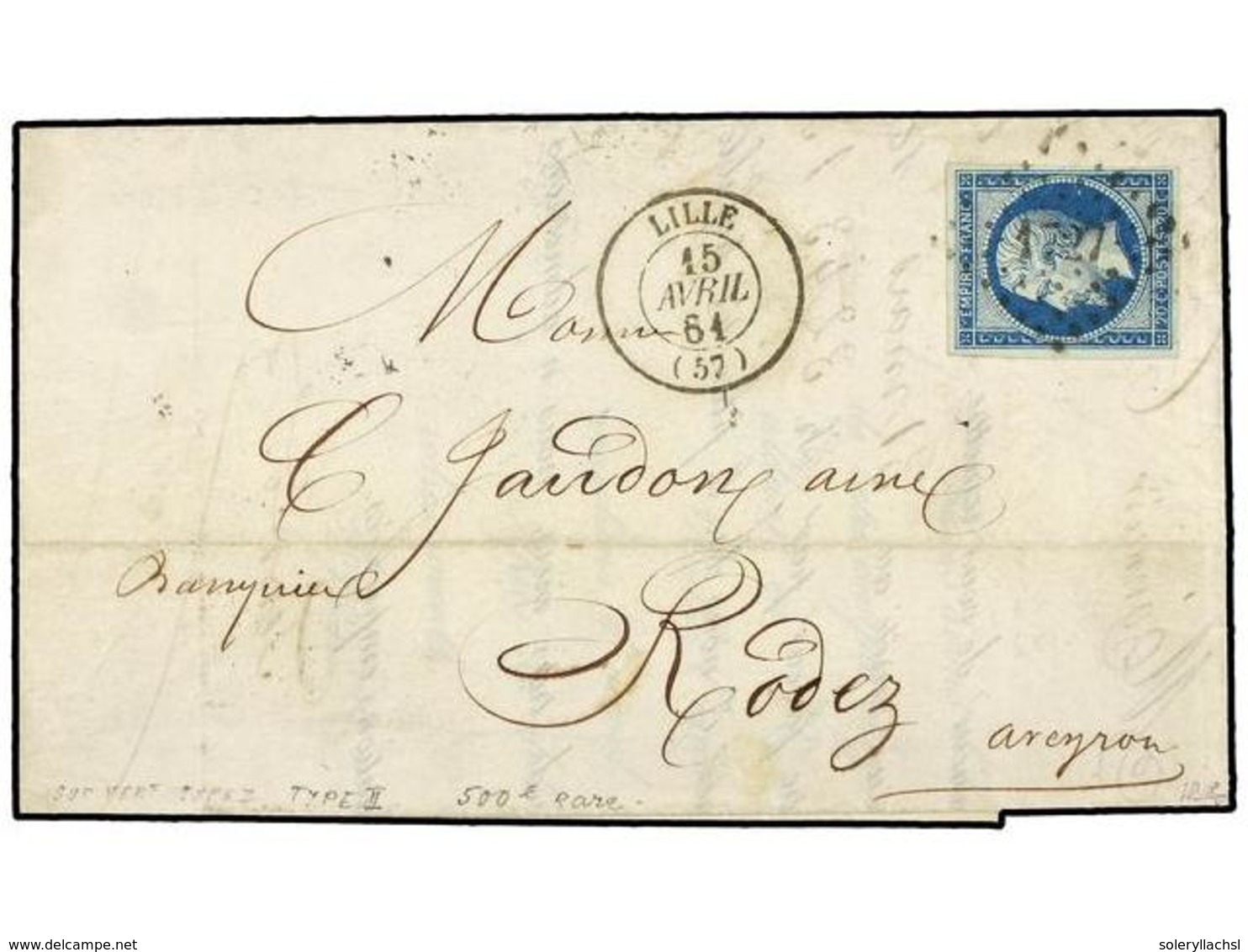 1732 FRANCIA. Yv.14Ba. 1861. LILLE A RODEZ. <B>20 Cts.</B> Azul S. Verde. MAGNÍFICA. - Other & Unclassified