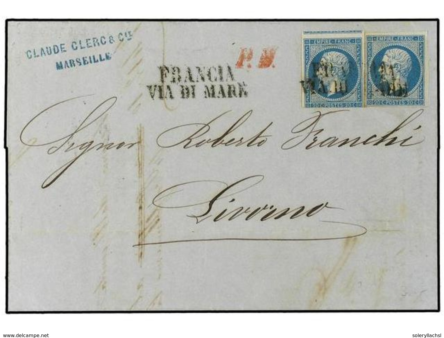 1733 FRANCIA. 1861. Entire To Livorno From Marseille Franked French Imperf <B>20c.(2)</B> Napoleon Tied By Black Two-lin - Sonstige & Ohne Zuordnung