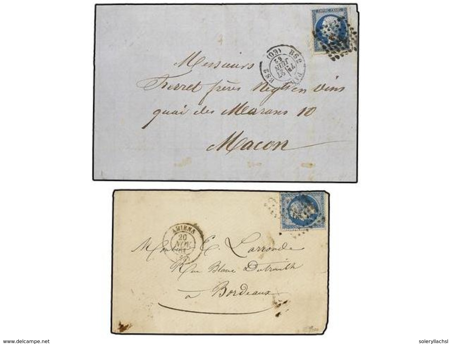 1738 FRANCIA. Yv.14. 1861-62. 2 Cartas De AMIENS Y PARIS Con Sello De <B>20 Cts.</B> Azul. <B>PERCE EN LIGNE.</B> - Sonstige & Ohne Zuordnung