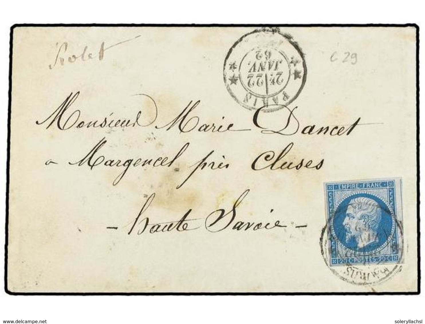 1739 FRANCIA. 1862 (Jan 22). Cover From PARIS To CLUSES (Haute Savoie); Franked By 1853 <B>20c.</B> Blue Imperf., Tied B - Other & Unclassified