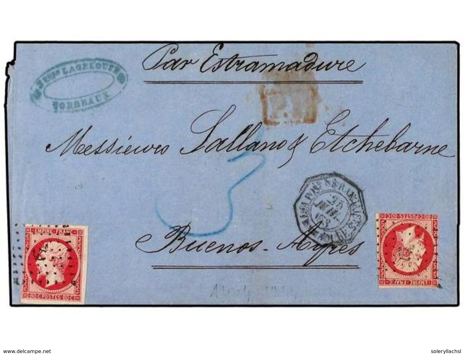 1741 FRANCIA. 1863. BURDEOS (Francia) A ARGENTINA. Circulada Con Dos Sellos De <B>80 Cts.</B> Carmín (márgenes Cortos).  - Other & Unclassified