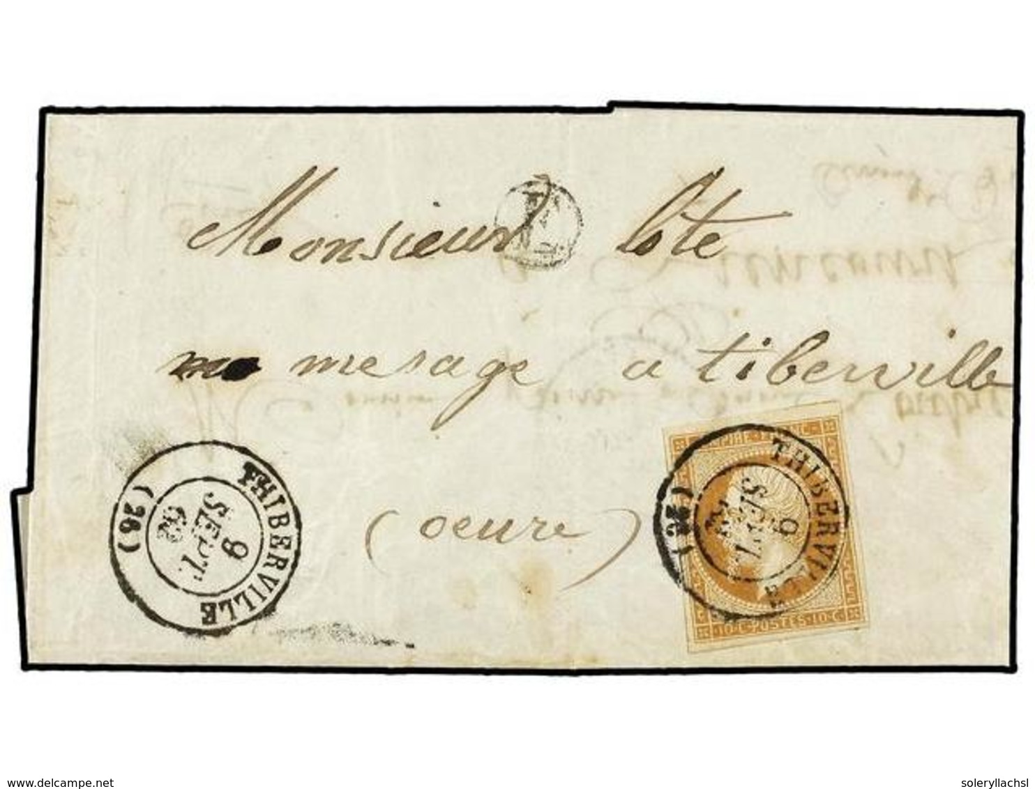 1742 FRANCIA. Yv.13. 1862. THIBERVILLE Correo Interior Con Sello De <B>10 Cts.</B> Bistre Mat. Fechador Y Letra<B> 'E'</ - Other & Unclassified