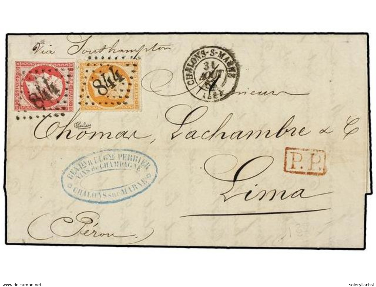 1746 FRANCIA. 1863 (31 Agosto). CHALONS A LIMA. <B>40 Cts.</B> Naranja Y <B>80 Cts.</B> Carmín. Porte <B>1,20 Fr. </B>Ra - Other & Unclassified