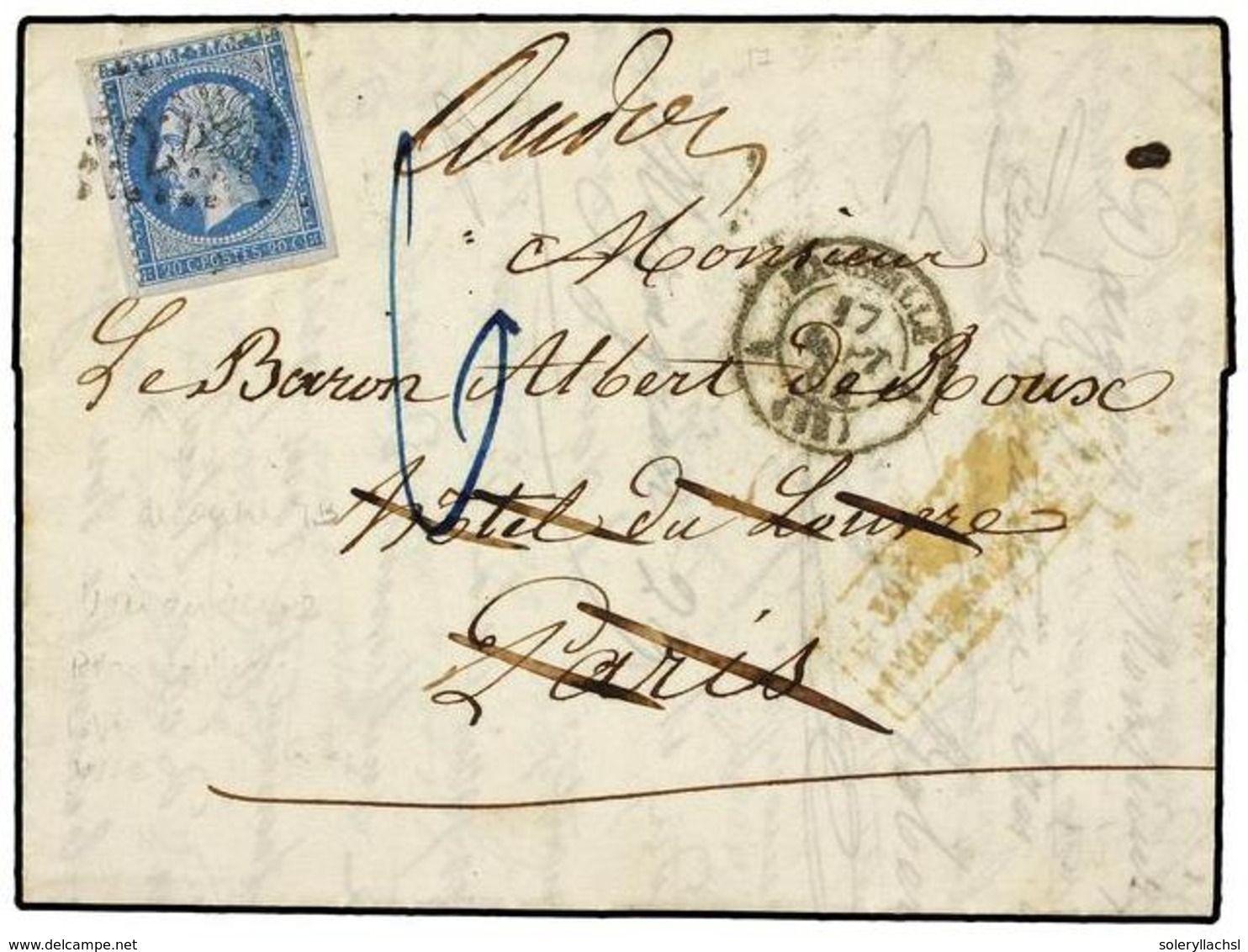 1748 FRANCIA. Yv.22. 1864. MARSELLA A PARIS. <B>20 Cts. </B>azul Reexpedida A WIESBADEN (Alemania), Marca De Franqueo In - Sonstige & Ohne Zuordnung