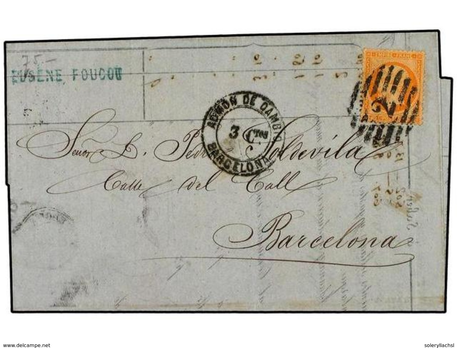 1750 FRANCIA. Yv.23. 1864. MARSELLA A BARCELONA. <B>40 Cts.</B> Naranja. Mat. <B>PARRILLA 2</B> Y Marca Circular <B>ADMO - Other & Unclassified
