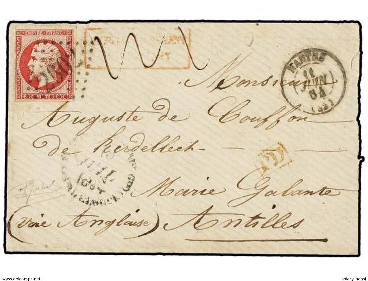 1752 FRANCIA. Yv.17. 1864. NANTES A MARIE GALANTE (Guadalupe).<B> 80 Cts.</B> Rosa, Marca De<B> FRANQUEO INSUFICIENTE </ - Other & Unclassified