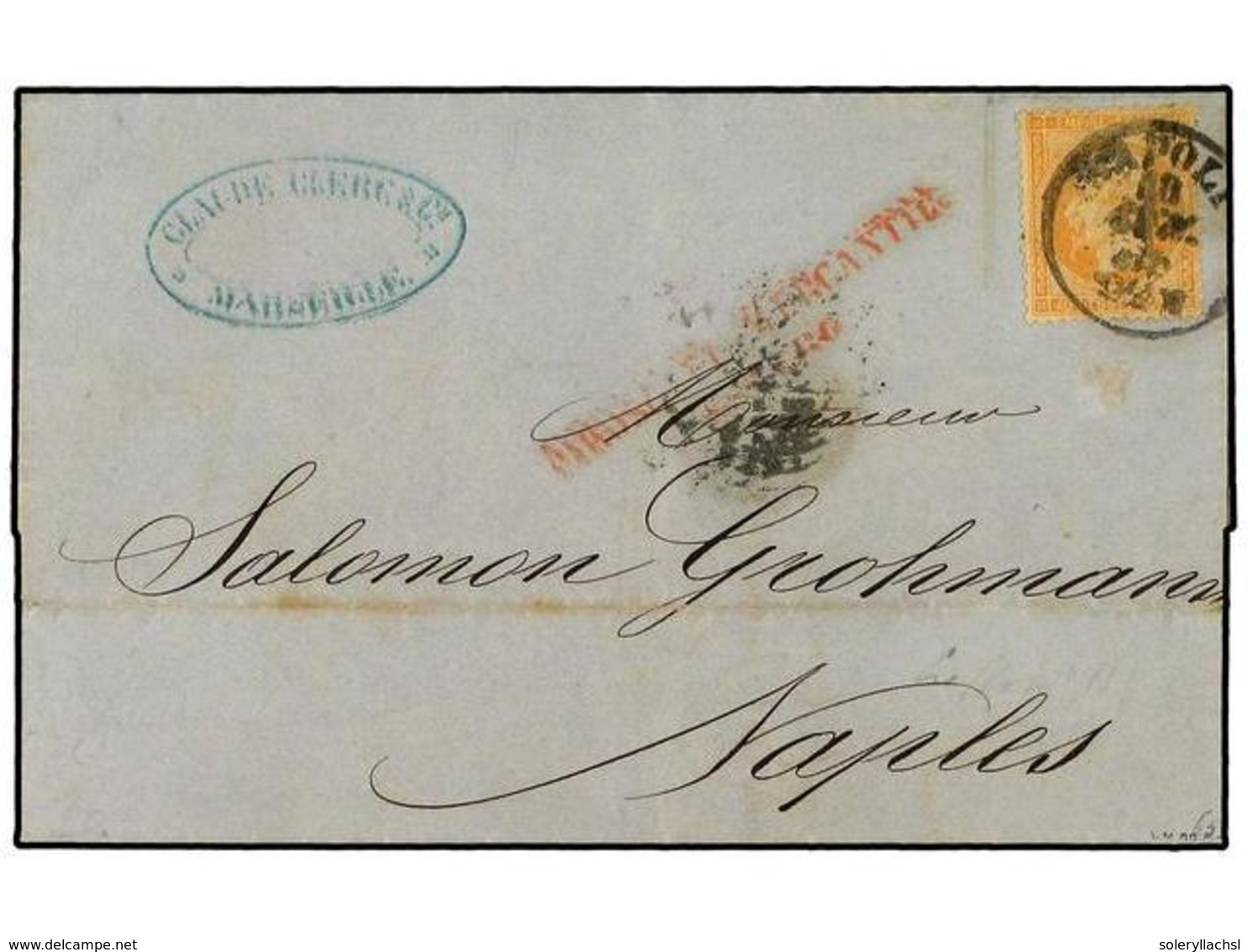 1756 FRANCIA. Yv.23. 1865. MARSELLA A NAPOLES. <B>40 Cts.</B> Naranja. Mat. Fechador <B>NAPOLI</B> (tipo II) Y Marca <B> - Other & Unclassified