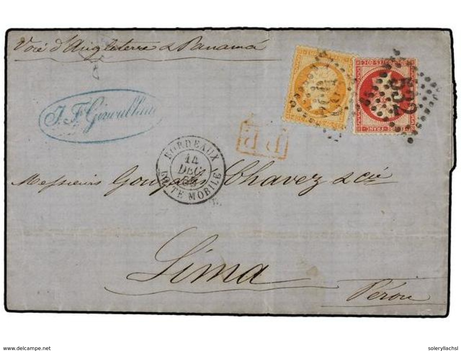 1757 FRANCIA. 1865. BORDEAUX A LIMA. <B>40 Cts.</B> Naranja Y <B>80 Cts.</B> Rosa, Tarifa De <B>1,20 Fr. </B>por La Vía  - Other & Unclassified