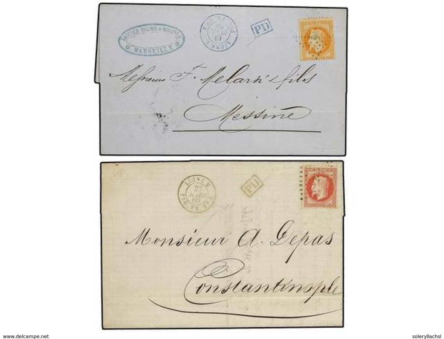 1769 FRANCIA. Yv.31, 32. 1869. MARSELLA A CONSTANTINOPLA. 2 Cartas Franqueadas Con Sellos De <B>40 Cts.</B> Naranja Y <B - Other & Unclassified