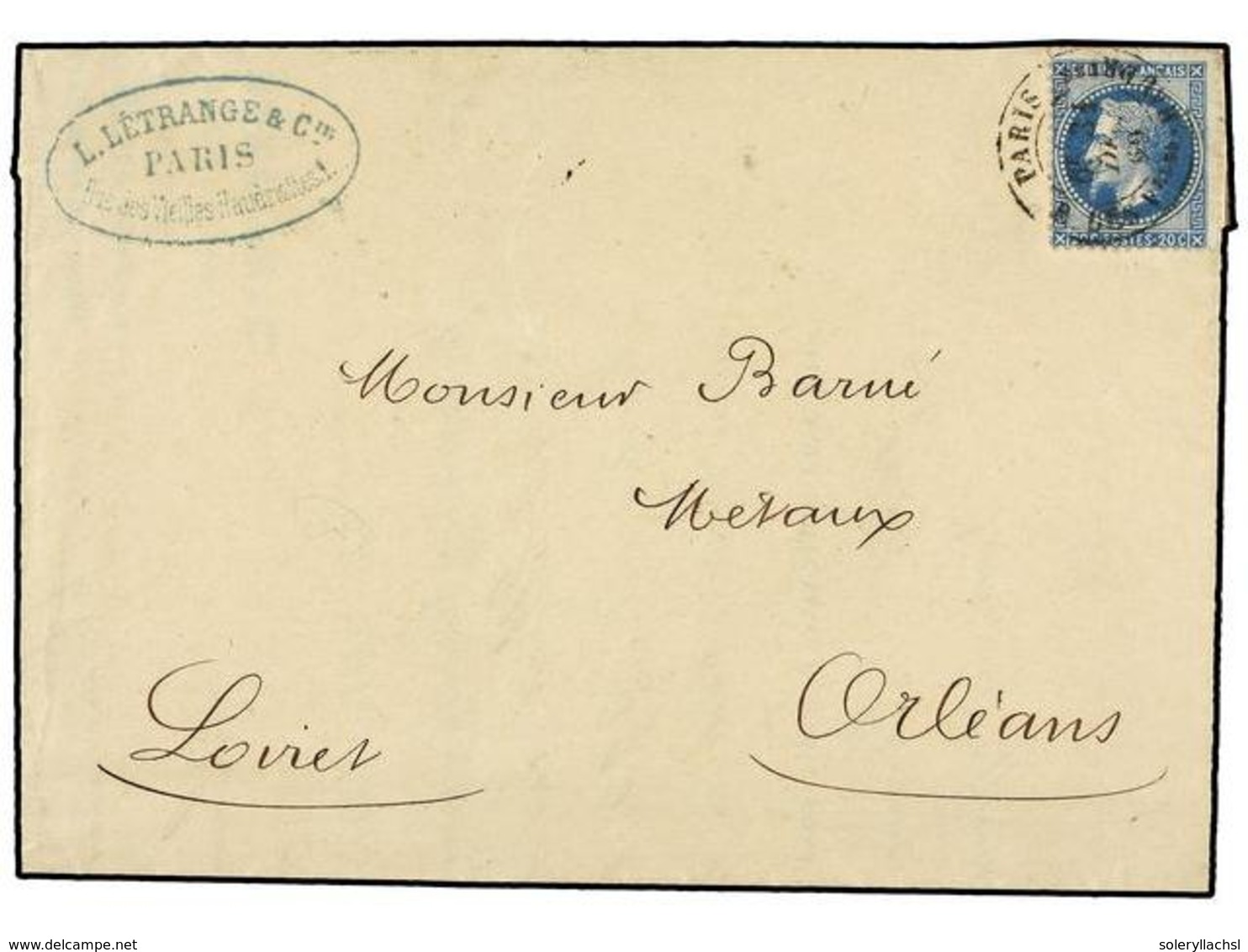 1771 FRANCIA. Yv.29. 1869. PARIS A ORLEANS.<B> 20 Cts.</B> Azul Mat. Fechador De <B>PARIS</B>. PRECIOSA. - Other & Unclassified