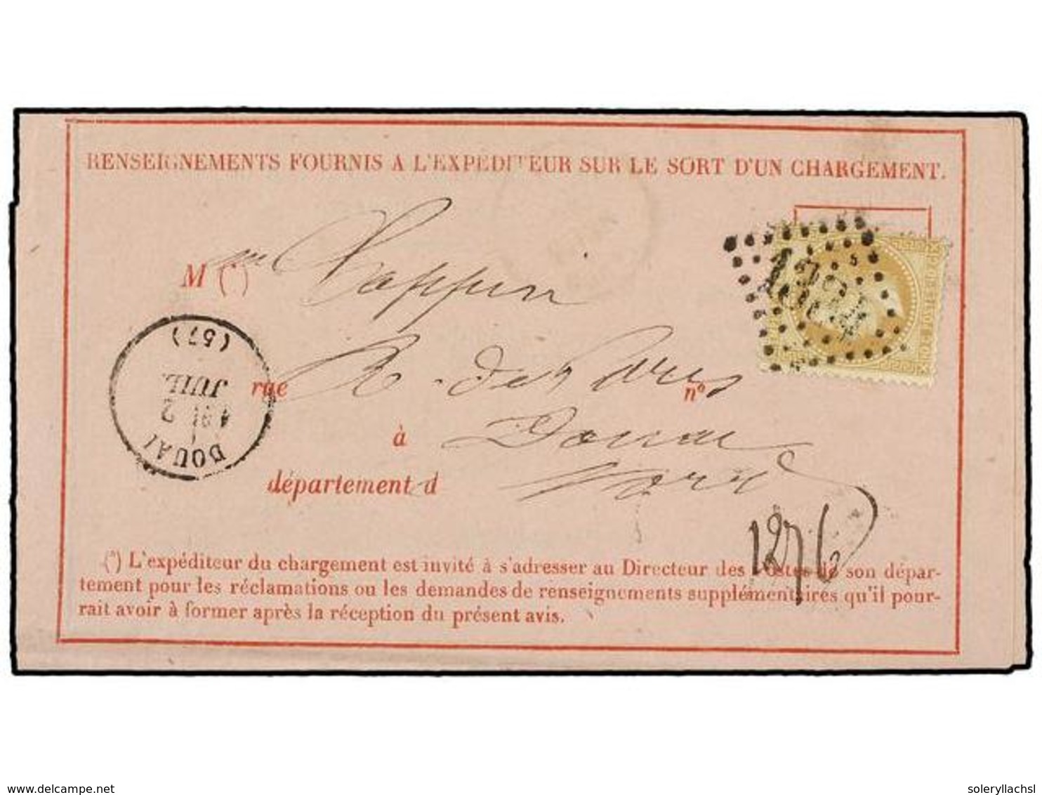 1772 FRANCIA. Yv.21. 1869. DOUAI. Formulario Con Recibo De Un Certificado Circulado Con Sello De <B>10 Cts.</B> Bistre. - Other & Unclassified