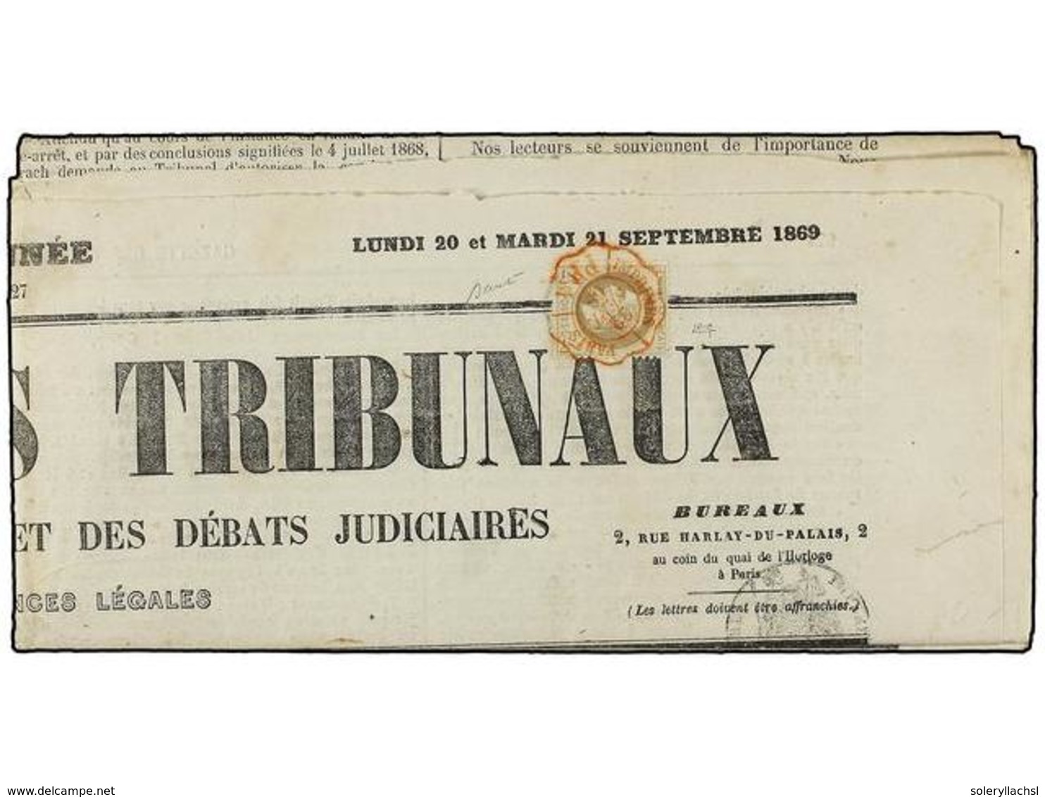 1773 FRANCIA. Yv.27. 1869 (20 Septiembre). Periódico Completo <B>GAZETTE DES TRIBUNAUX</B> Circulada Con Sello De <B>4 C - Sonstige & Ohne Zuordnung