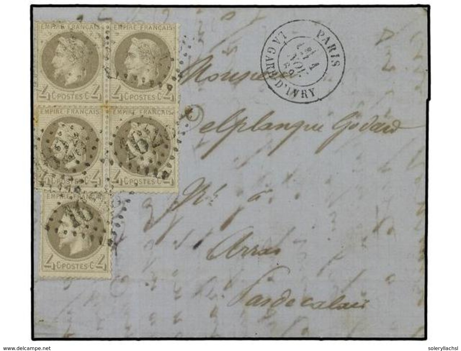 1774 FRANCIA. Sc.27/II. 1869 (Nov 1). Entire Letter From GARE D'IVRY, PARIS To ARRAS With 1867 <B>4 C.</B> Grey (5) Tied - Other & Unclassified