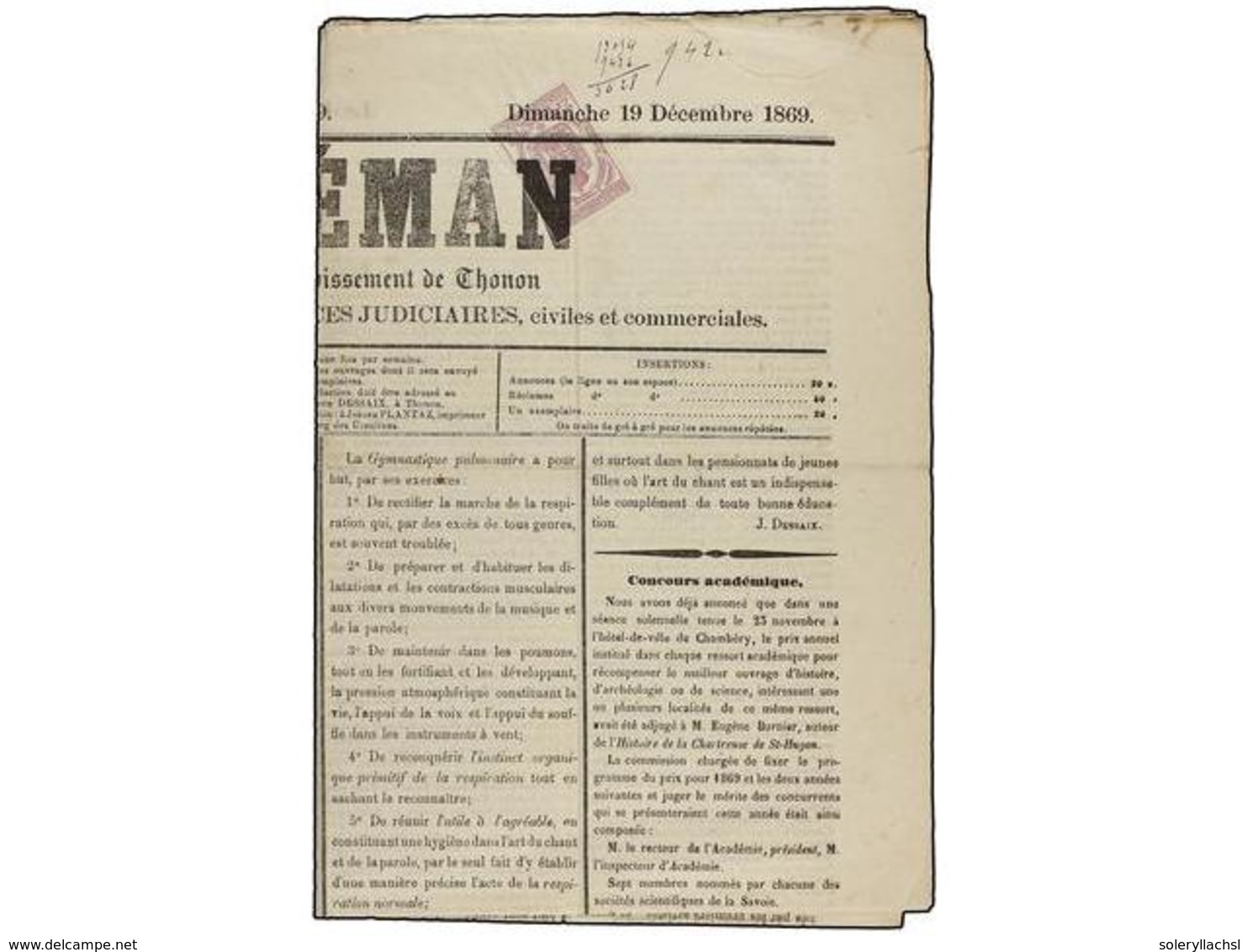 1776 FRANCIA. Yv.P-1. 1869 (19 Diciembre). Periódico Completo <B>LE LEMAN </B>de THONON Circulado Con Sello De <B>2 Cts. - Other & Unclassified