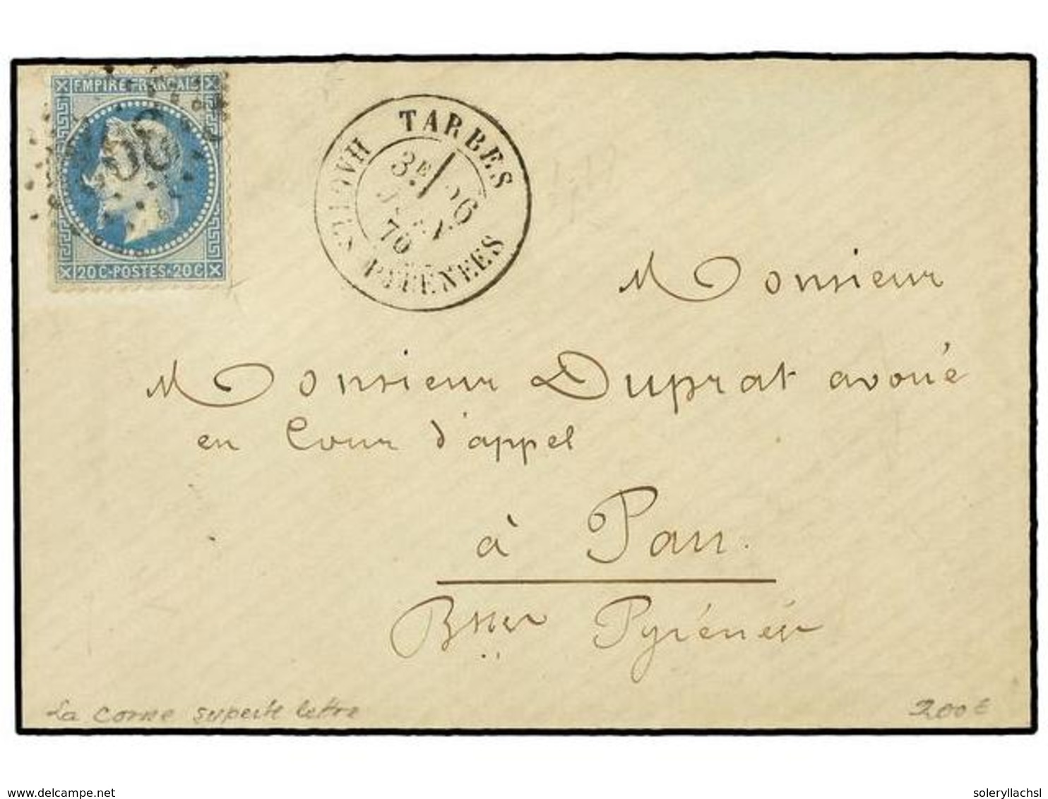 1777 FRANCIA. Yv.29Bb. 1870. TARBES A PAU. <B>20 Cts.</B> Azul, Variedad 'a La Corne'. Muy Bonita. - Other & Unclassified