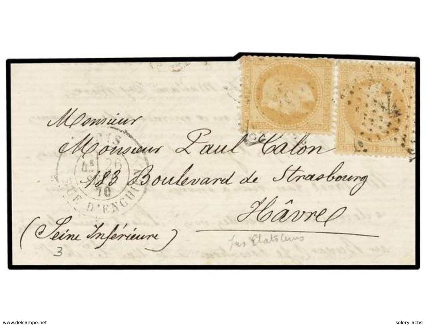 1782 FRANCIA. 1870 (26 Sept.). PARIS To HAVRE. <B>BALLOON 'L'ETATS UNIS'</B>.  Entire Letter Franked With Two <B>10 Cts. - Other & Unclassified