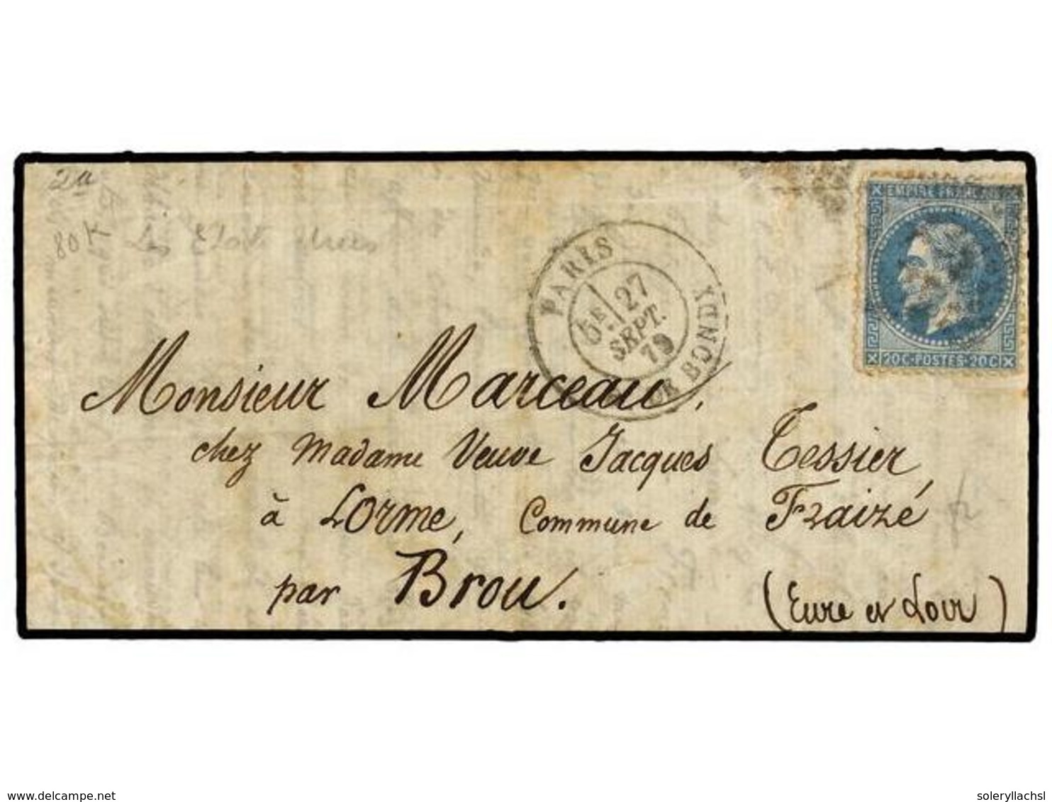 1784 FRANCIA. 1870 (Sept. 27). PARIS To BROU. <B>BALLOON 'L'ETATS UNIS'</B>. Entire Letter Franked With <B>20 Cts. </B>b - Other & Unclassified