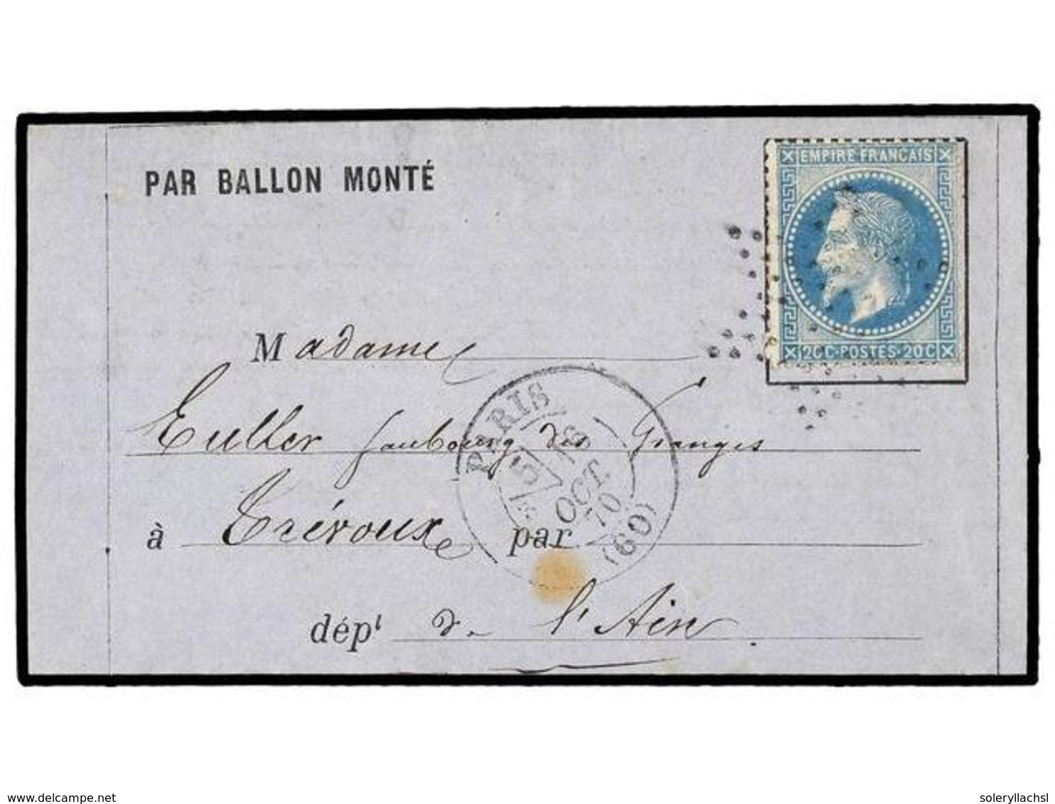 1792 FRANCIA. 1870 (Oct. 16). NEULLY To TREVOUX. <B>BALLOON 'LE VICTOR HUGO'</B>. Entire Letter Sent From A Soldier <I>' - Sonstige & Ohne Zuordnung