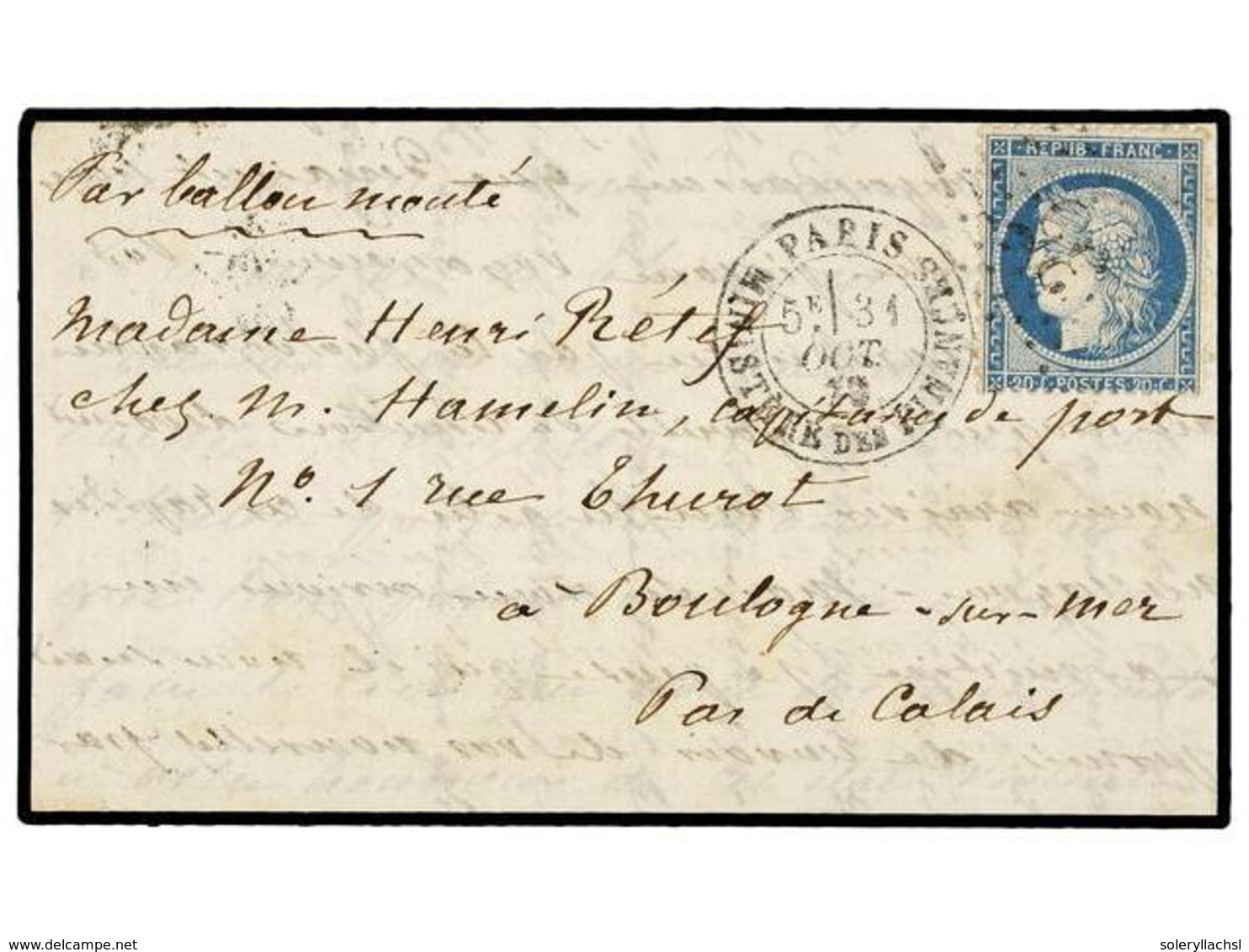1796 FRANCIA. 1870 (Oct. 31). PARIS To BOULOGNE SUR MER. <B>BALLOON 'LE FOULTON'.</B> Entire Franked With <B>20 Cts.</B> - Other & Unclassified