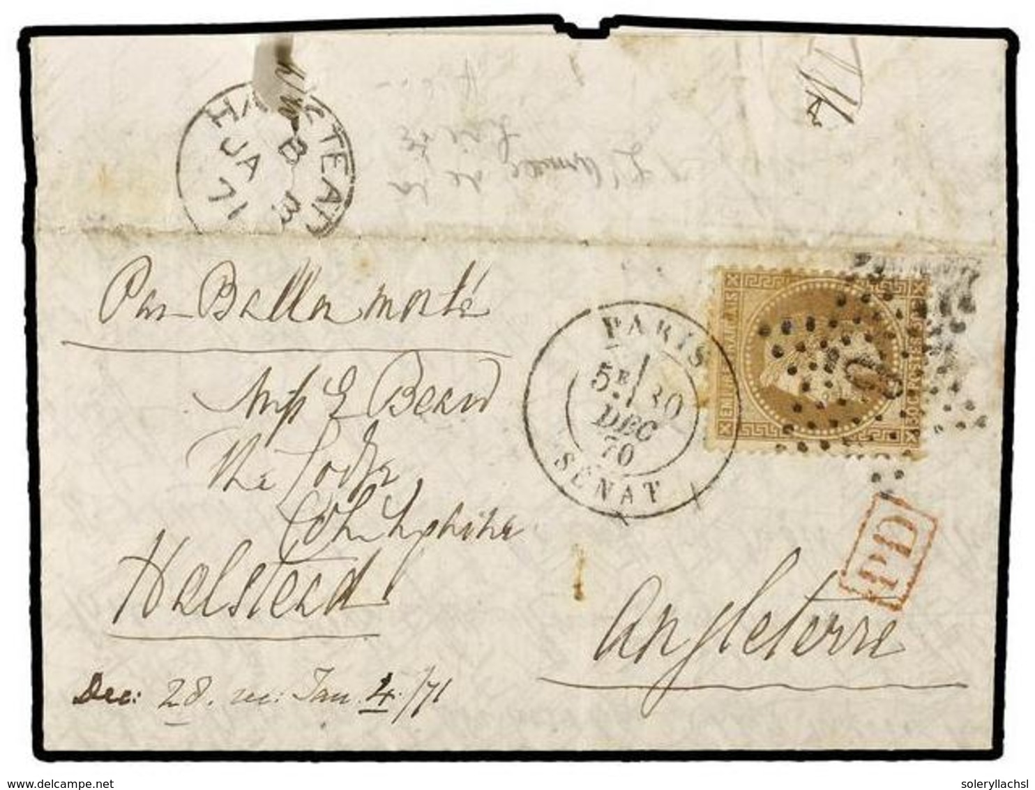 1807 FRANCIA. 1870 (30 Dec.). PARIS To HALSTEAD (Great Britain). <B>BALLOON 'L'ARMEE DE LA LOIRE'</B>. Entire Letter Fra - Other & Unclassified