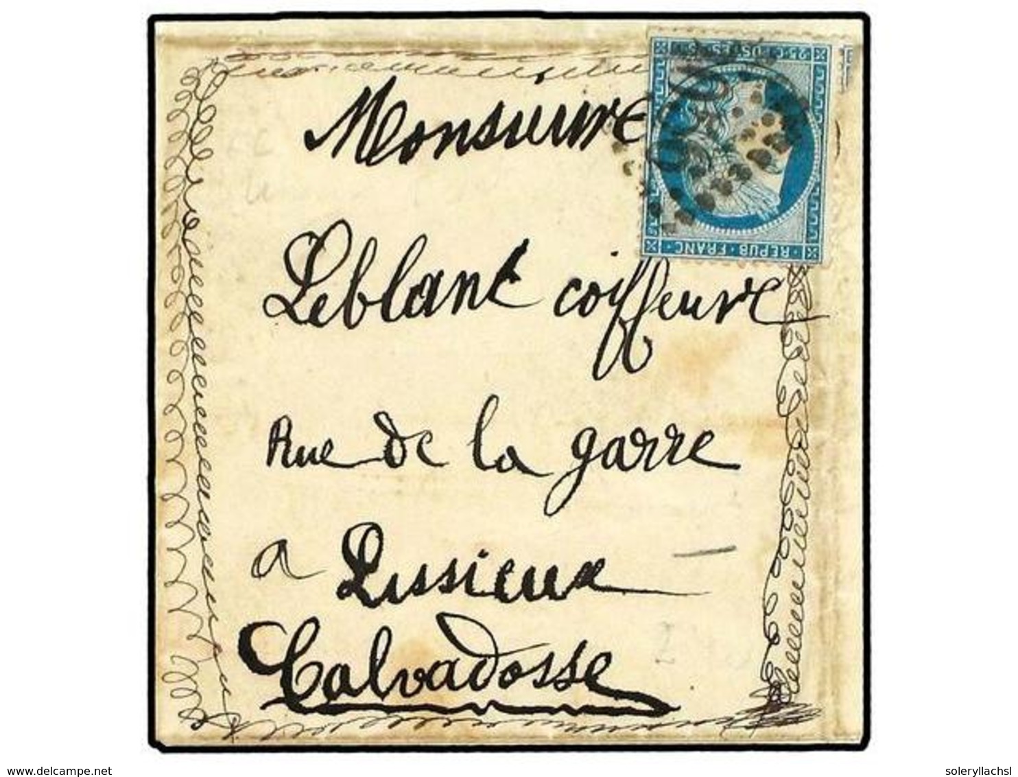 1812 FRANCIA. (1871 CA.). PEQUEÑA Envuelta De Carta Circulada A CALVADOS Con Sello De <B>25 Cts.</B> Bonita Ornamentació - Other & Unclassified