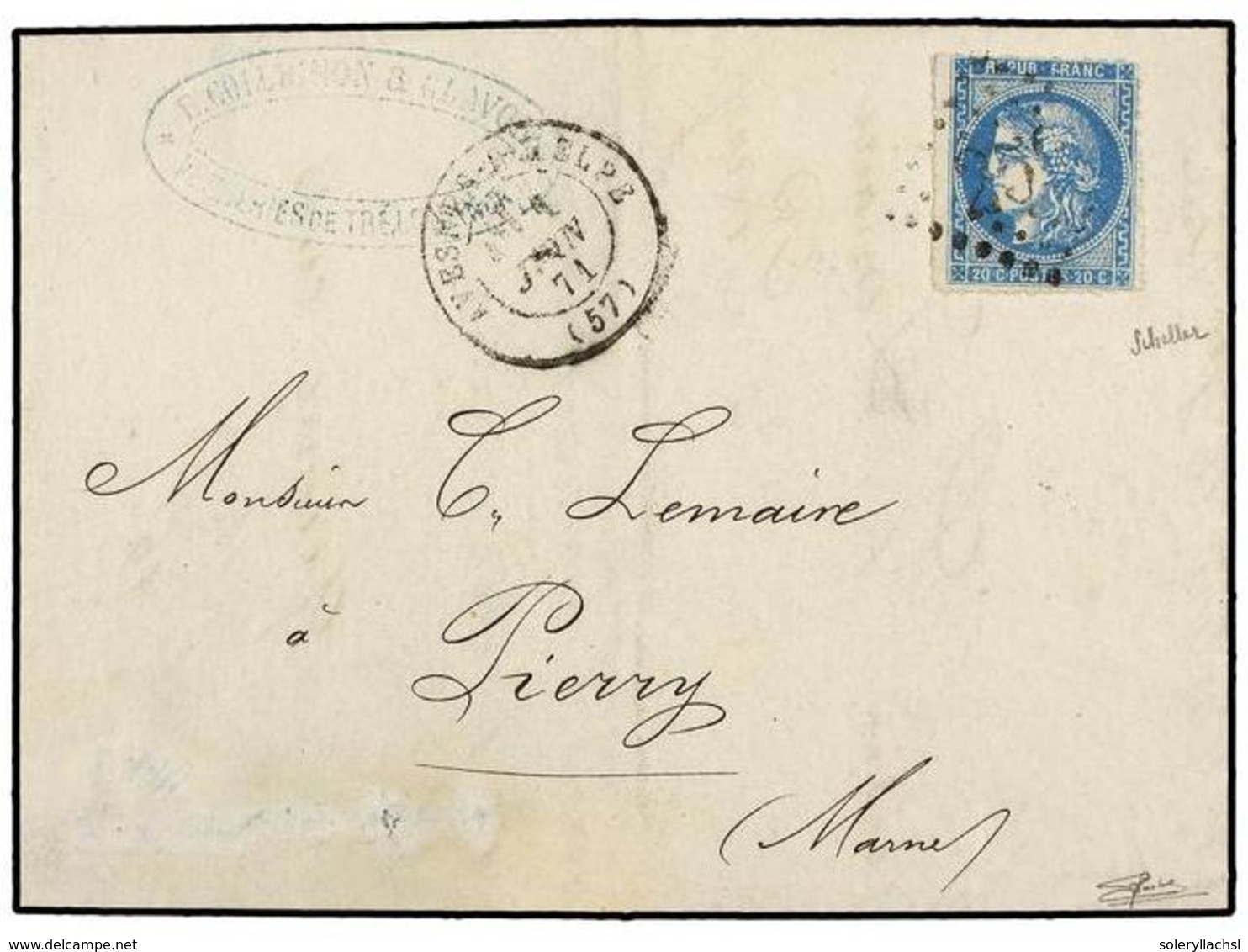 1813 FRANCIA. Yv.45. 1871. TRELON A PIERRY. <B>20 Cts.</B> Azul Tipo II 'perçe En Lignes'. F. Scheller. - Sonstige & Ohne Zuordnung