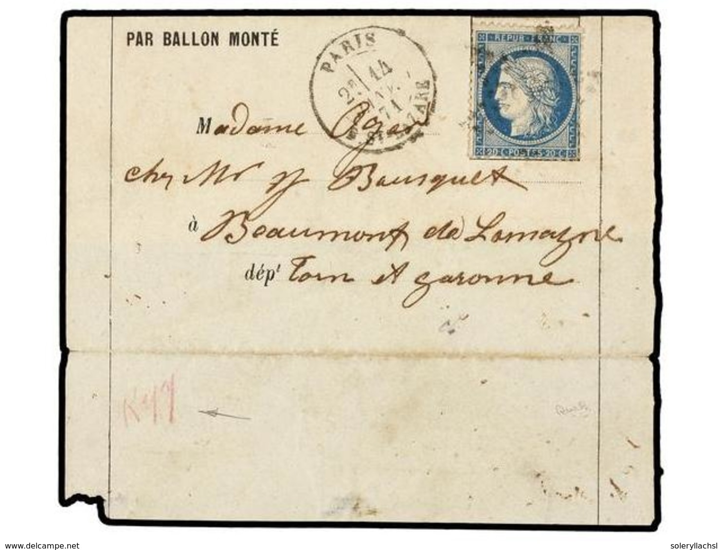 1816 FRANCIA. 1871 (Jan. 14). PARIS To BEAUMONT. <B>BALLOON 'LE VAUCANSON'</B>. Folded Letter (without Text) Franked Wit - Other & Unclassified