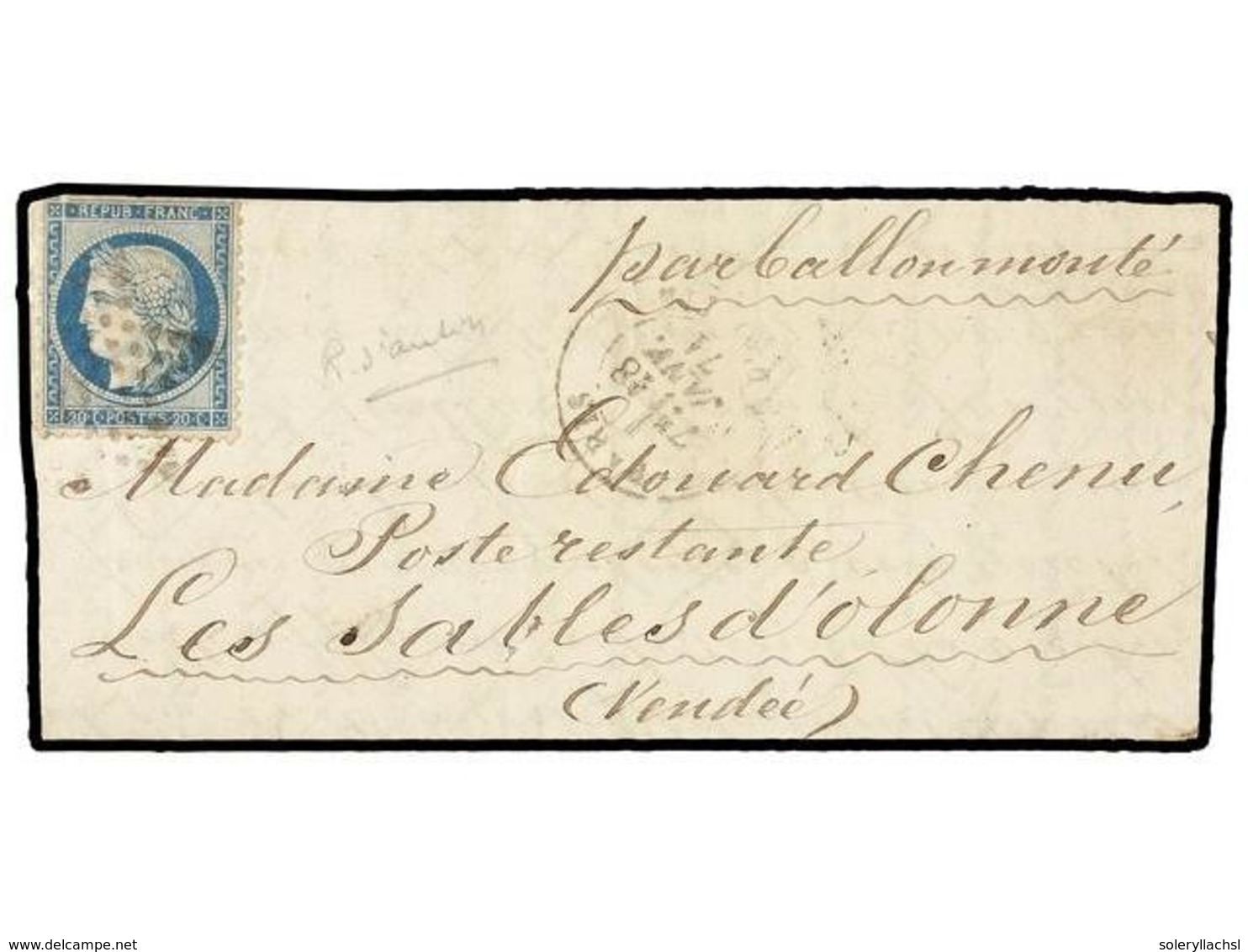 1818 FRANCIA. 1871 (Jan. 17). PARIS To LES SABLES D'OLONNE. <B>BALLOON 'LE GENERAL BOURBAKI'</B>. Entire Letter Franked  - Other & Unclassified