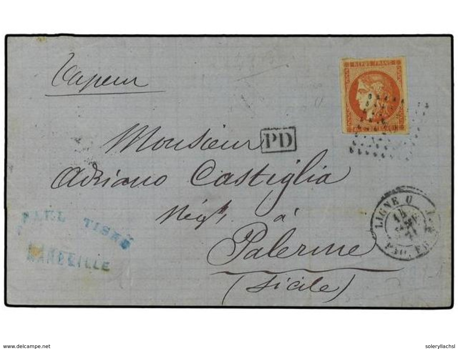 1821 FRANCIA: CORREO MARITIMO. 1871. MARSEILLE A PALERMO. <B>40 Cts.</B> De La Emisión De Burdeos Color 'rouge Sang' (Yv - Sonstige & Ohne Zuordnung