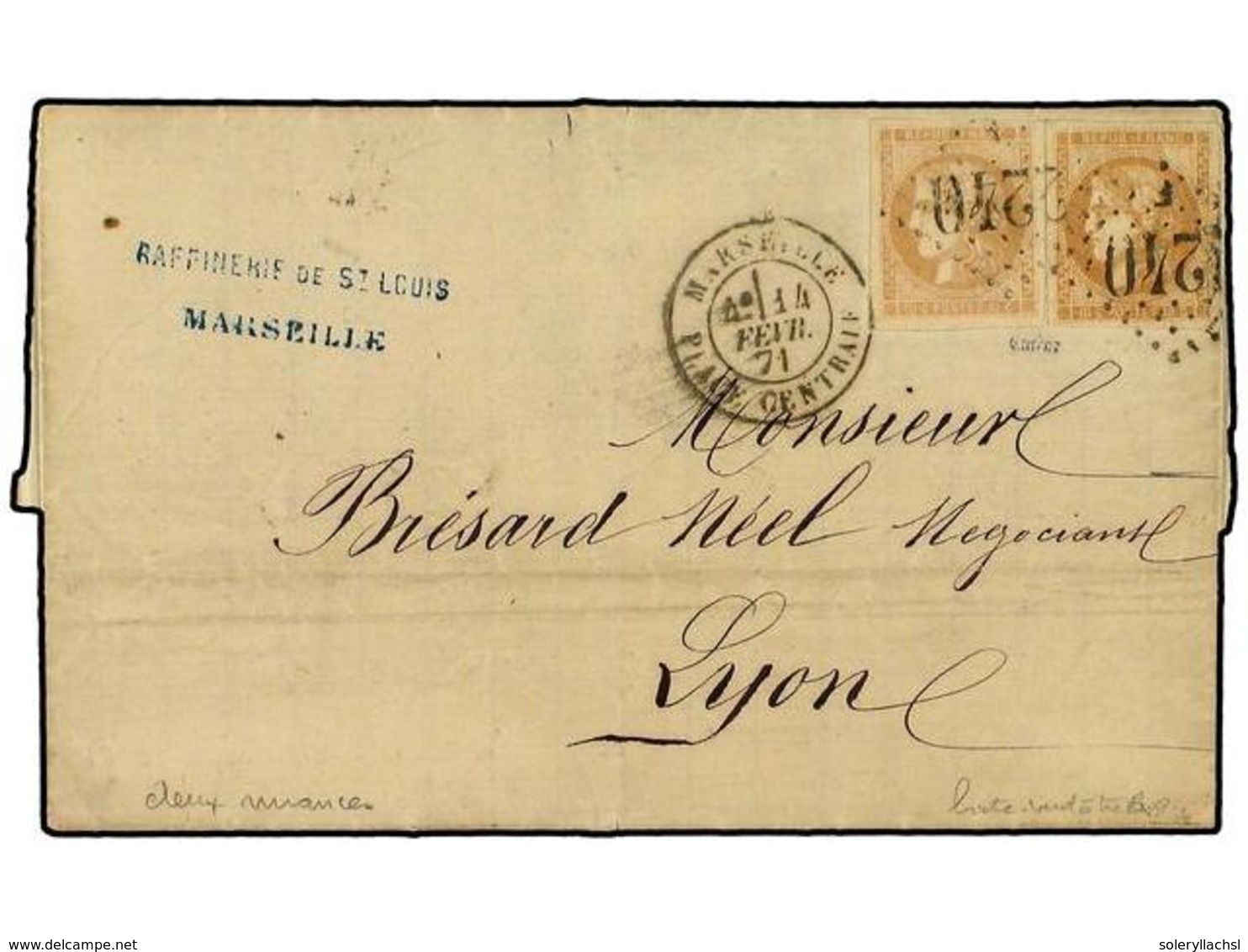 1823 FRANCIA. Yv.43B+43Bb. 1871 (February). Entire Letter To LYON Franked By Bordeaux Imperf 2 X <B>10 C.</B> In Differi - Sonstige & Ohne Zuordnung