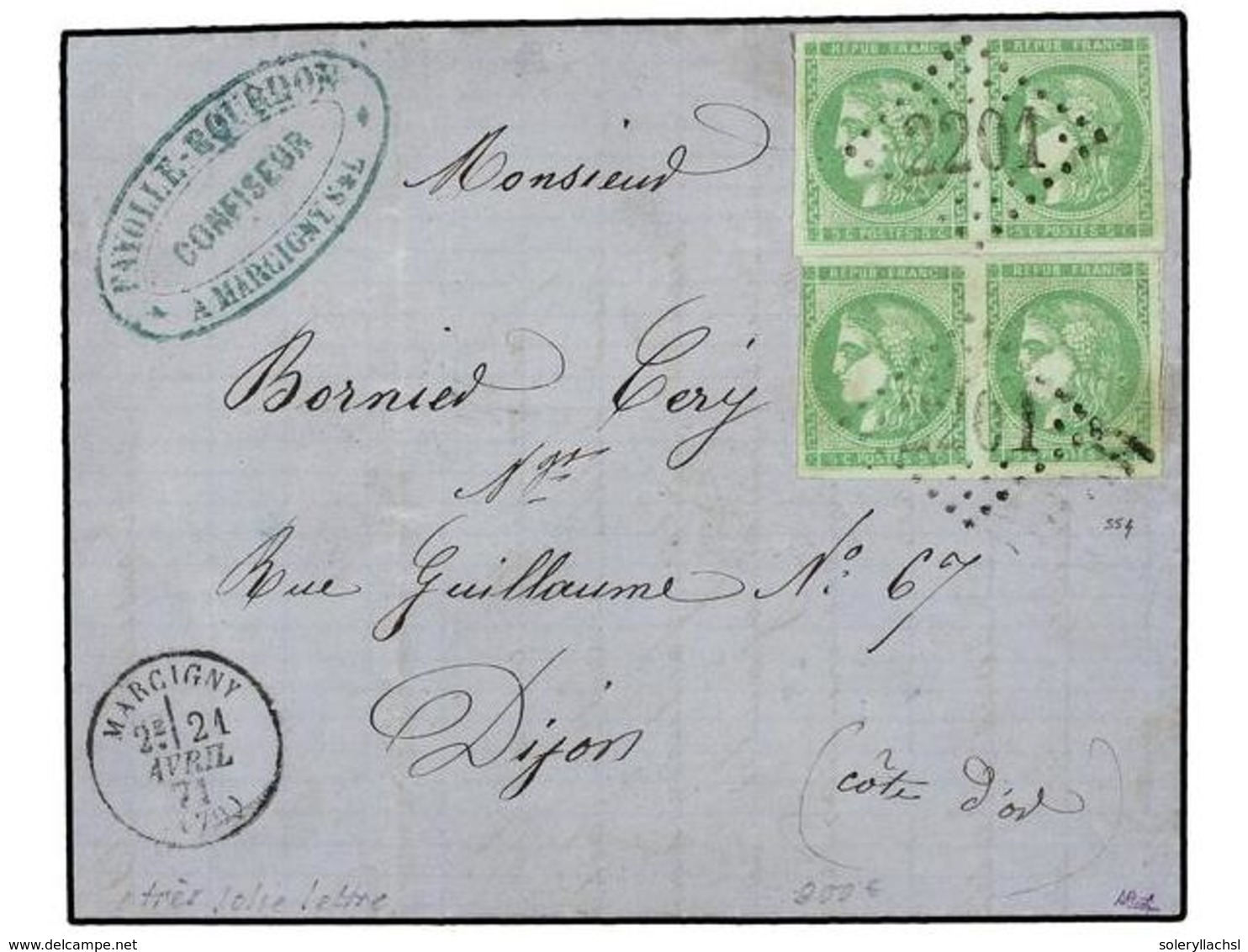 1825 FRANCIA. Yv.42B (4). 1871. MARCIGNY A DIJON. <B>5 Cts.</B> Verde, Dos Parejas (un Sello Margen Corto). Raro Franque - Other & Unclassified