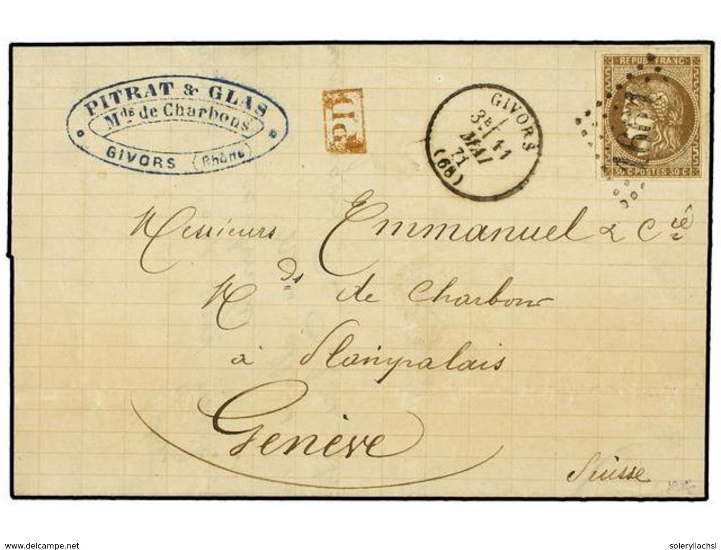 1826 FRANCIA. Yv.47. 1871. GIVORS A SUIZA. <B>30 Cts.</B> Castaño. MAGNÍFICA. Yvert.500?. - Other & Unclassified