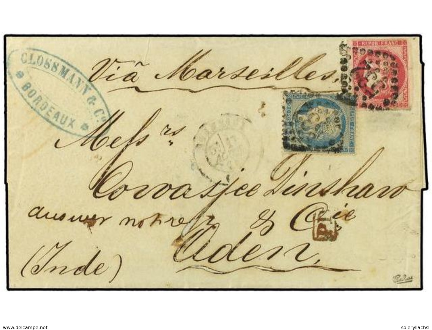 1828 FRANCIA. 1871 (Aug 17). Cover From Bordeaux, Via Marseilles To ADEN With Rare Usage Of 1870 Bordeaux Issue <B>80c</ - Other & Unclassified