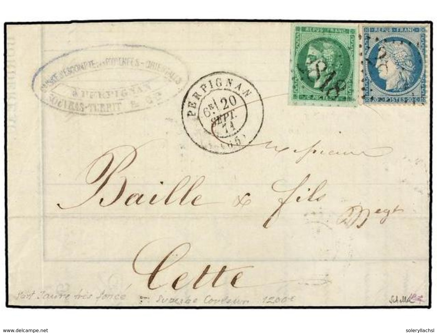 1829 FRANCIA. Ed.42Ba, 37. 1871 (20 Septiembre). PERPIGNAN A CETTE. <B>5 Cts. </B>verde Intenso Y <B>20 Cts.</B> Azul, M - Other & Unclassified