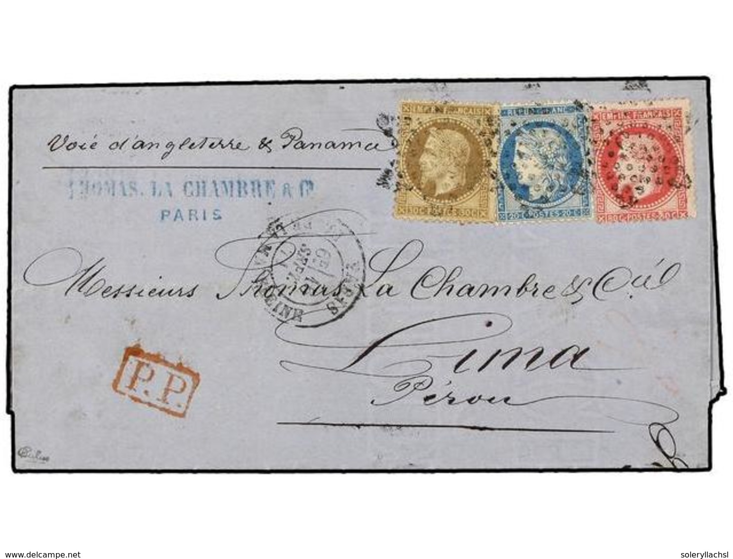 1831 FRANCIA. 1871. PARIS A LIMA. <B>20 Cts.</B> Azul, <B>30 Cts.</B> Castaño Y <B>80 Cts.</B> Rosa, Tarifa De <B>1,30 F - Other & Unclassified