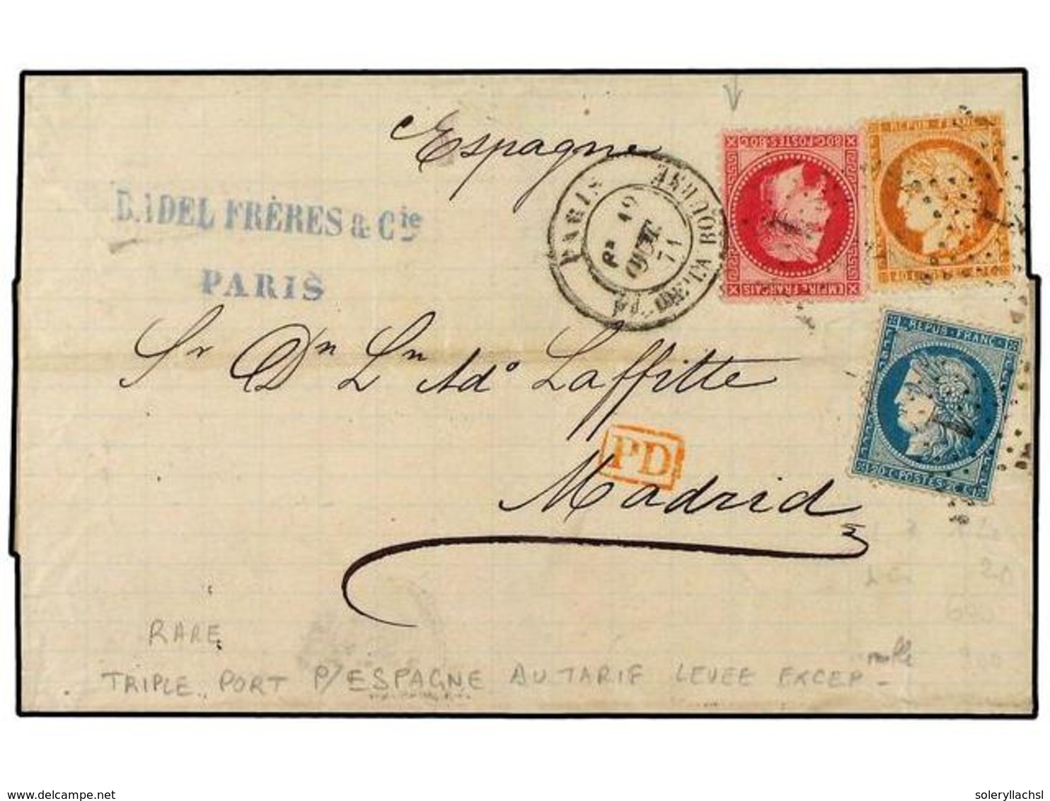 1832 FRANCIA. Ed.32, 37, 38. 1871. PARIS A MADRID. <B>40 Cts.</B> Naranja Y <B>80 Cts.</B> Rojo, Triple Porte Más<B>20 C - Other & Unclassified