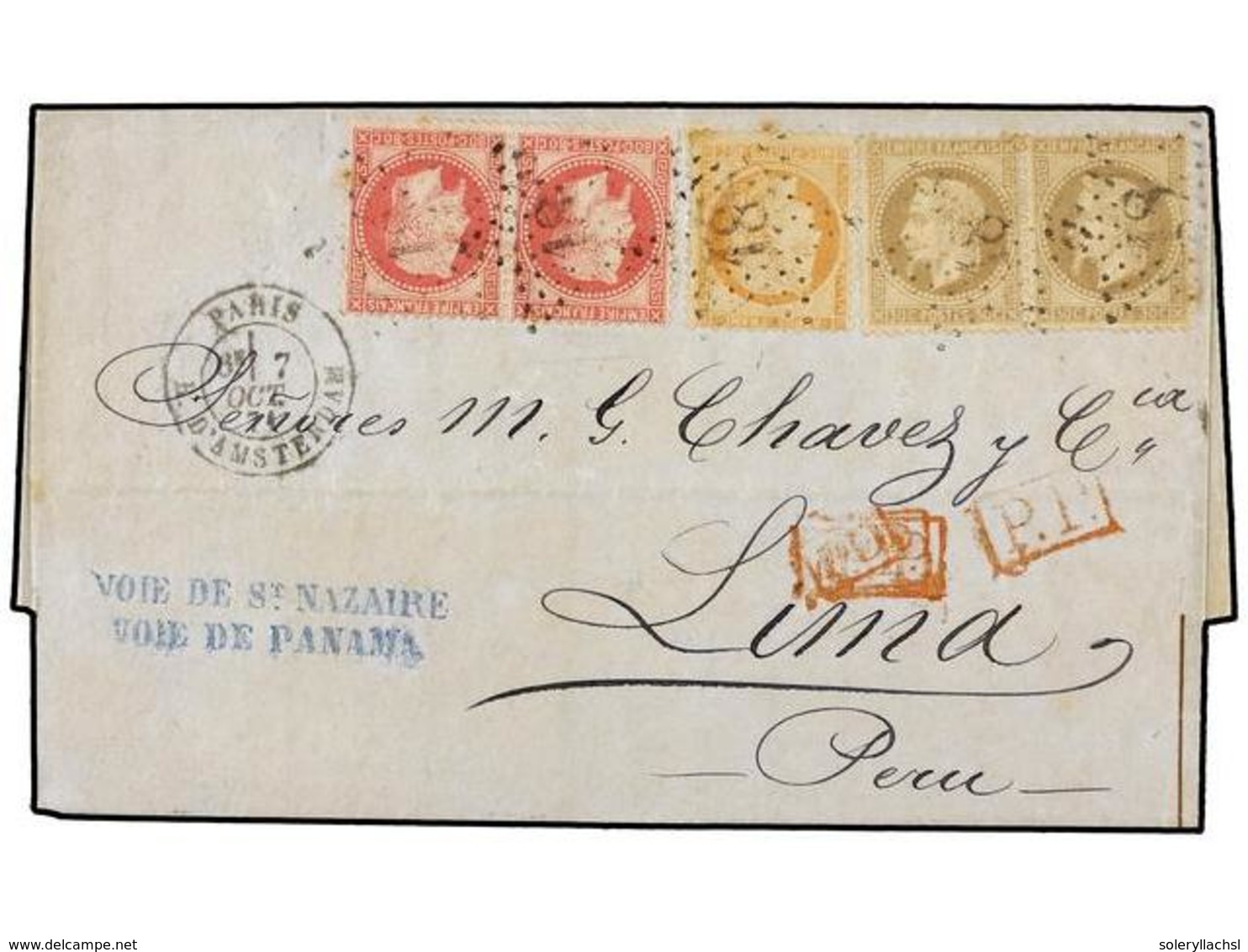 1833 FRANCIA. 1871 (7 Oct). PARIS A LIMA. <B>30 Cts.</B> Castaño (2), <B>40 Cts.</B> Naranja Y <B>80 Cts.</B> Rosa, Tari - Other & Unclassified