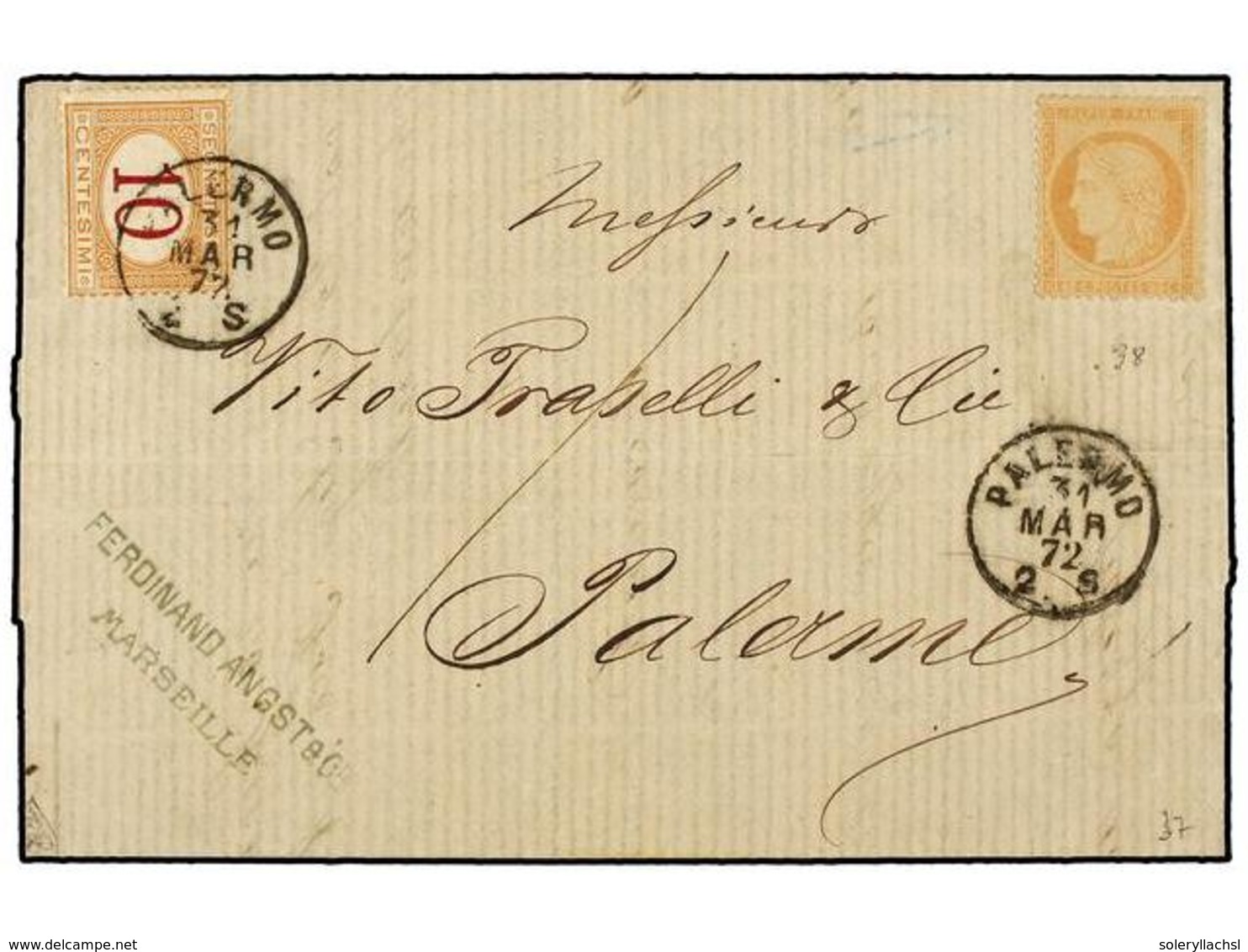 1839 FRANCIA. 1872. MARSELLA A PALERMO (Italia). Circulada Con Sello De Francia De <B>40 Cts.</B> Naranja, No Matasellad - Sonstige & Ohne Zuordnung