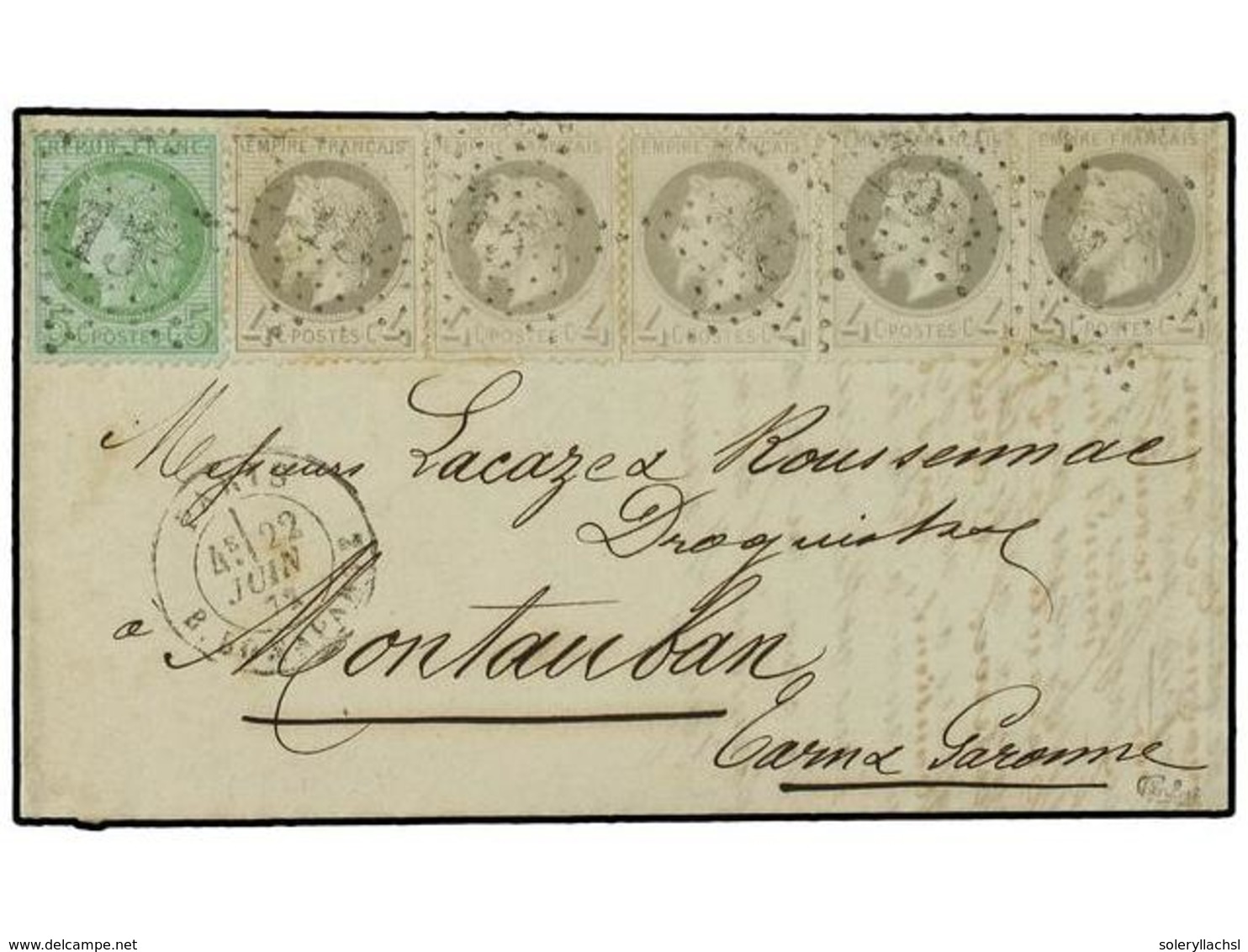 1841 FRANCIA. 1872 (June 22). Entire Letter To Montauban With Mixed Issue Franking Of 1872 <B>5c</B>. Green On Greenish  - Other & Unclassified