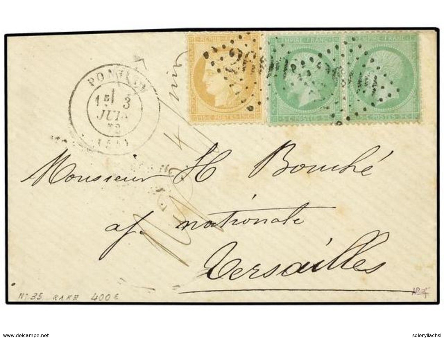 1842 FRANCIA. Yv.35 (2), 59. 1872. PONTIEU A VERSAILLES. <B>15 Cts.</B> Bistre Y <B>5 Cts.</B> Verde S. Azul. Raro Franq - Sonstige & Ohne Zuordnung