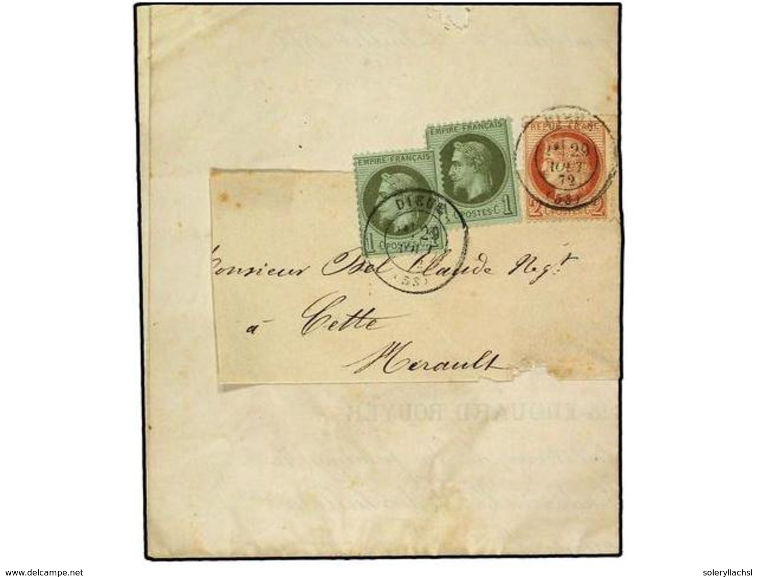 1844 FRANCIA. 1872 [Aug 29]. Printed Matter Entire To Cette With Wrapper Bearing 1870 2x<B>1c</B> Olive Green On Green A - Other & Unclassified