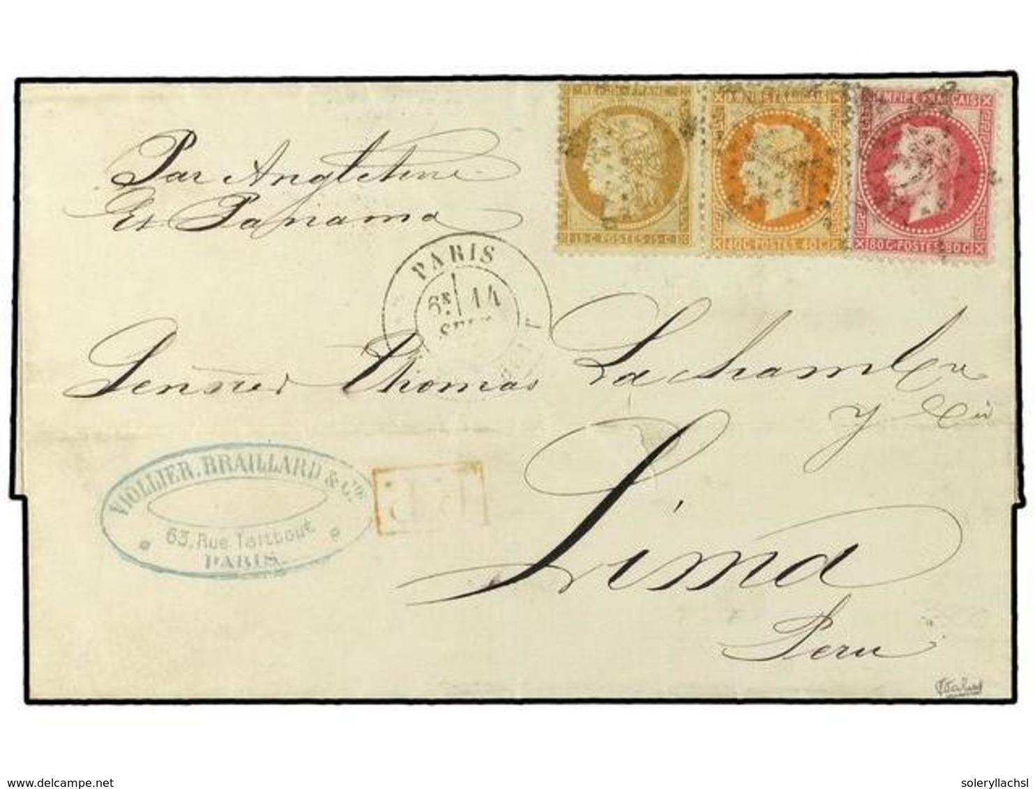 1851 FRANCIA. 1872. Wrapper To Lima, Peru, With Mixed Franking Of <B>15c.</B> Ceres + <B>40c. & 80c.</B> Laureated Napol - Other & Unclassified